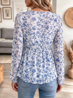 Retro Floral Pattern Art Print Casual Stylish Long Sleeve Mesh V Collar Shirt