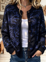 Round Neck Floral Pattern Knit Cardigan with Buttons