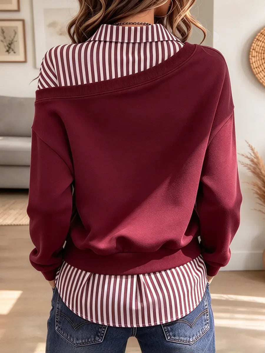 Retro Stripe Patchwork Art Casual Lapel Stylish Long Sleeve Sweatshirt