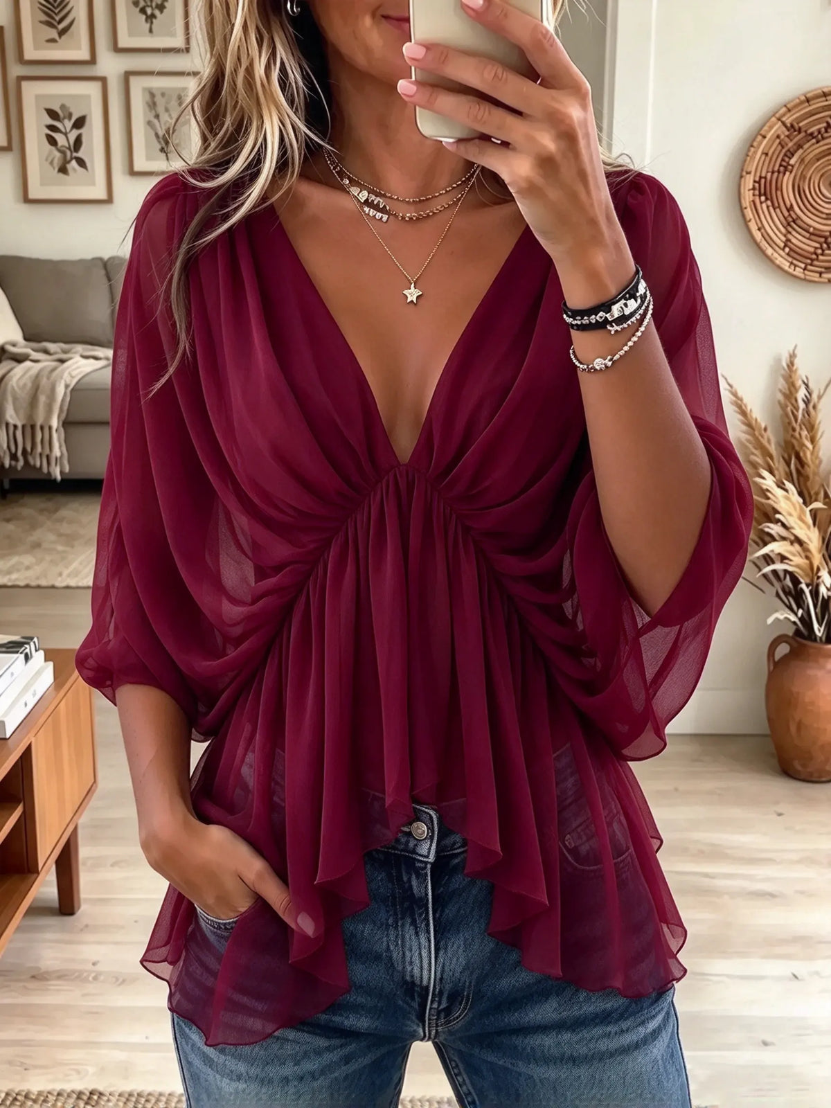 Women's V-Neck Pleated Chiffon Blouse