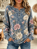 Vintage Floral Print Henley Long Sleeve Sweatshirt
