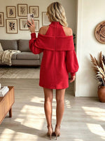Red Cold Shoulder Bow Front Long Sleeve Mini Sweater Dress