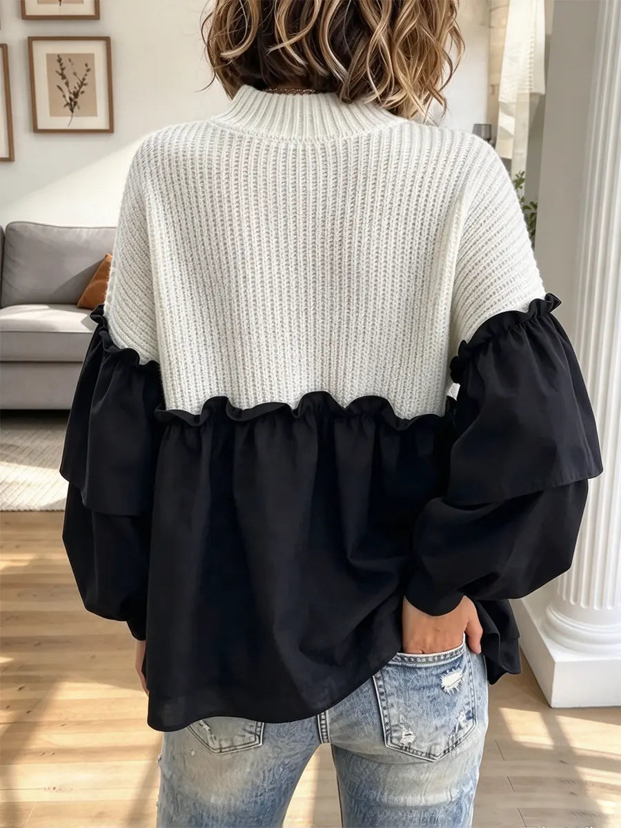 Retro Chic Ruffle Art Patchwork Casual Stylish Long Sleeve Knit Top