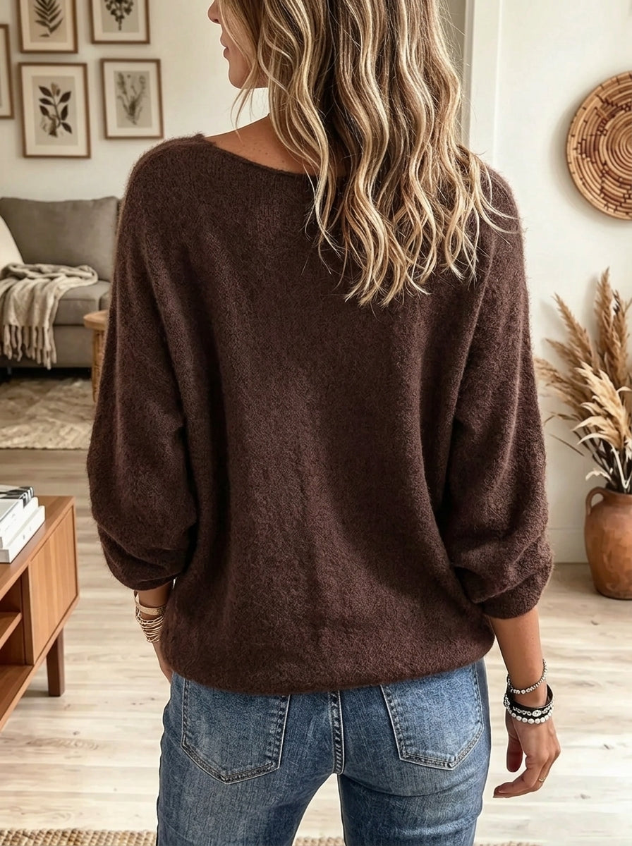 Women's Floral Lace Neckline Fuzzy Knit Sweater