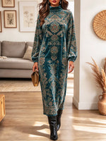 Retro Floral Pattern Art Print Casual Stylish Long Sleeve Velvet Dress