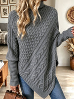 Women's Dark Grey Turtleneck Cable Knit Asymmetric Hem Pullover Sweater