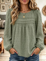 Women's Olive Green Swiss Dot Chiffon Blouse with Lace Trim Long Sleeve Top