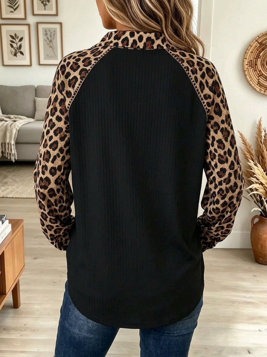 Women's Leopard Raglan Sleeve Button-Down Shirt