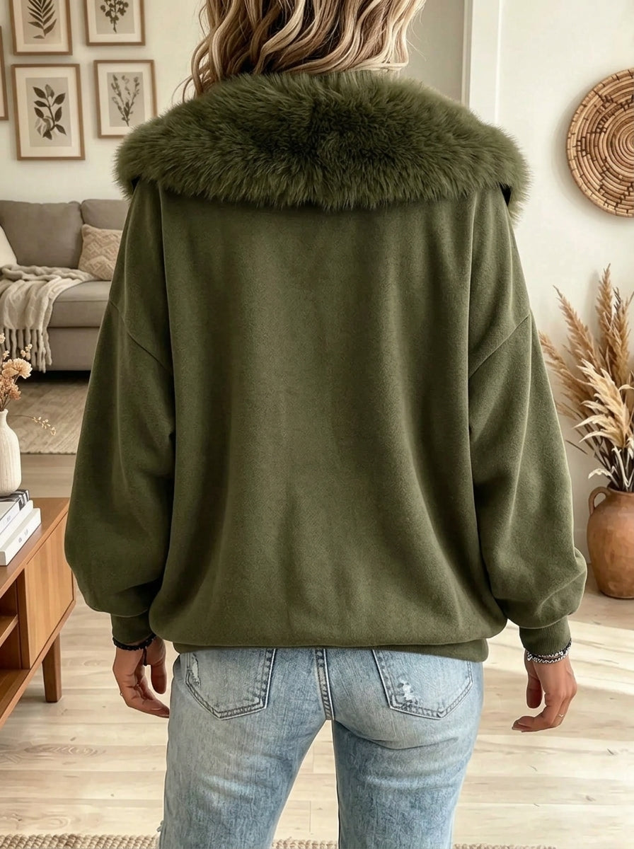 Women's Faux Fur Collar Asymmetric Zip Fleece Jacket