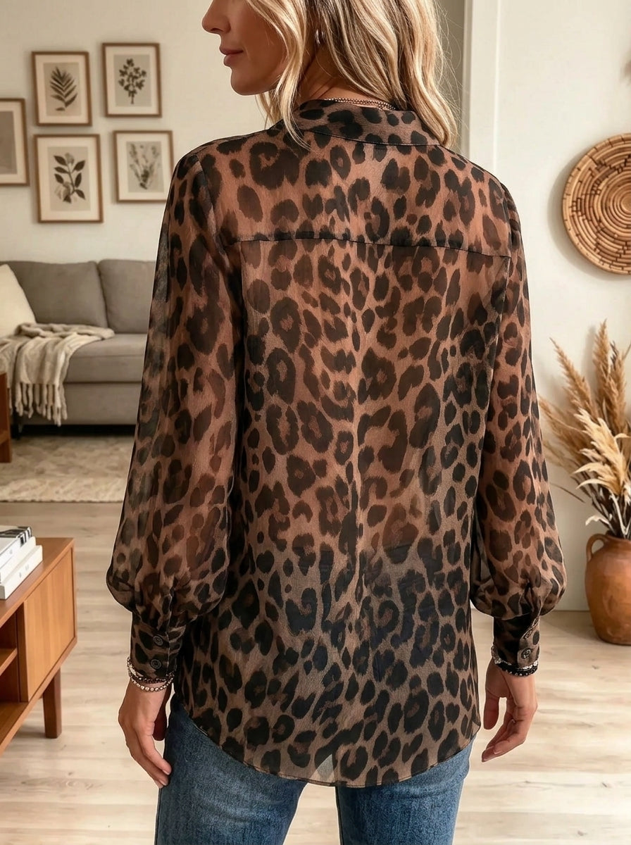 Women's Sheer Leopard Print Button-Down Chiffon Shirt