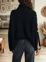 Women's Button Slit Sleeve Turtleneck Knit Poncho