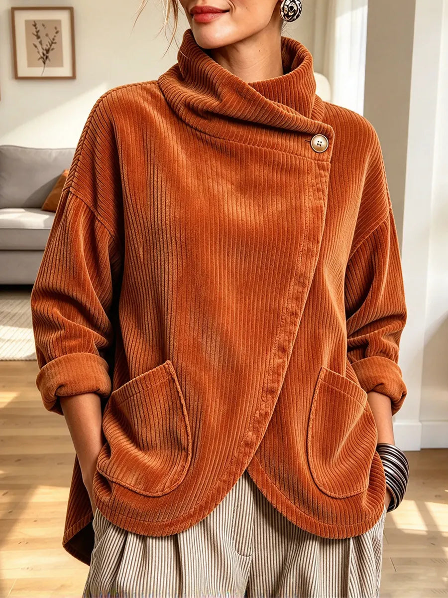 Retro Asymmetrical Art Casual Pockets Stylish Long Sleeve Corduroy Coat