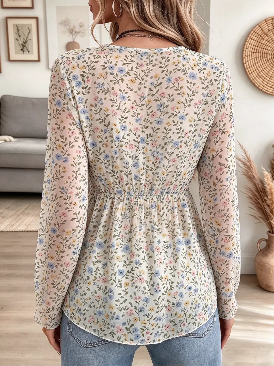 Retro Floral Pattern Art Print Casual Stylish Long Sleeve Mesh V Collar Shirt