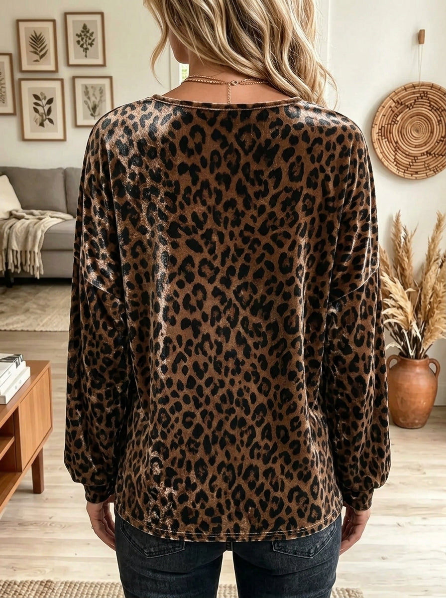 Women's Leopard Print Lace V-Neck Velvet Blouse