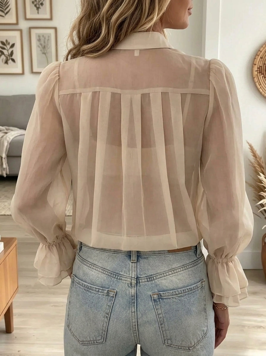 Women's Pleated Sheer Organza Button-Down Blouse