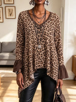 Vintage Leopard Pattern Art Casual Stylish V Collar Long Sleeve Shirt