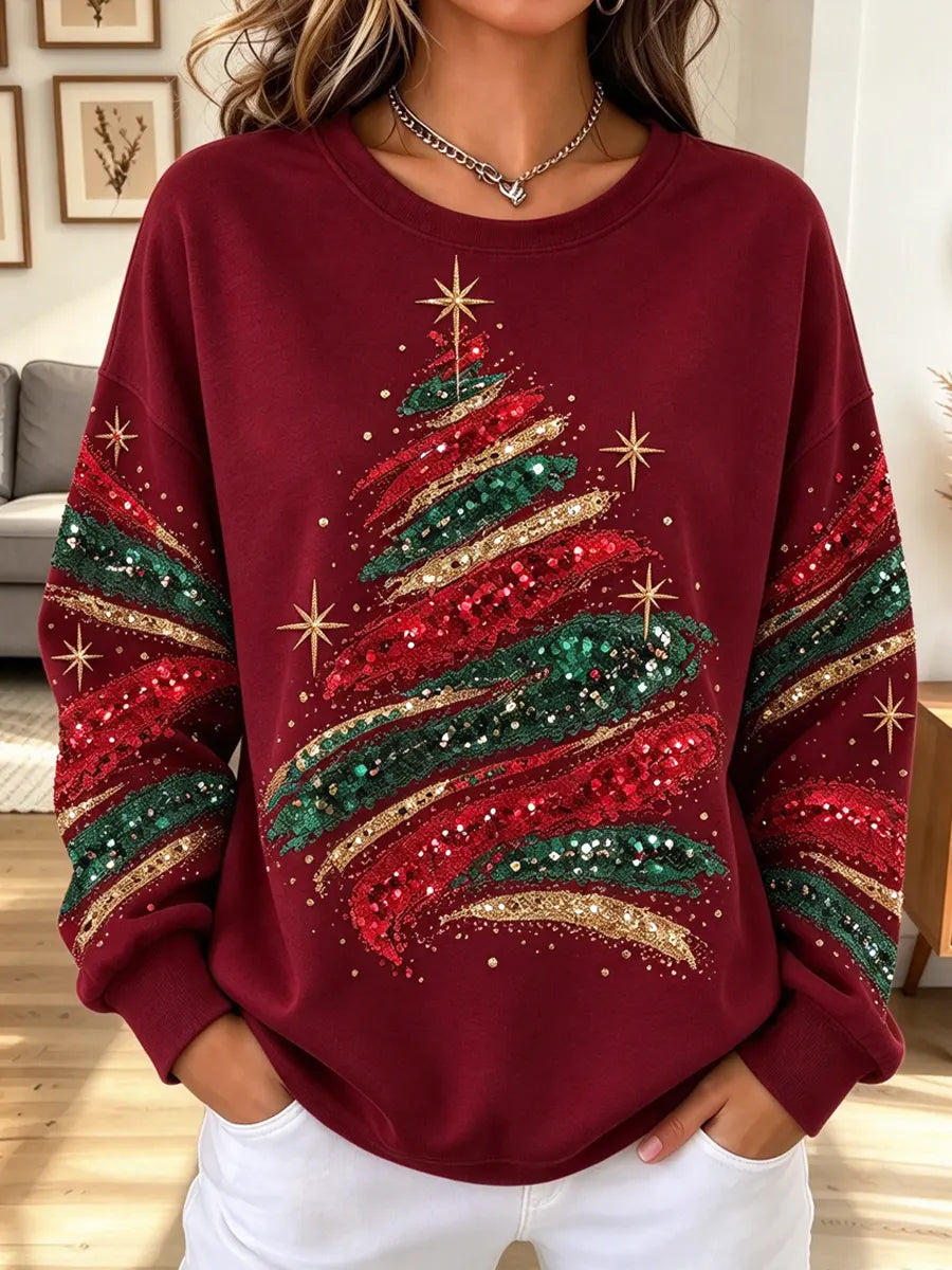 Vintage Christmas Tree Pattern Art Casual Stylish Long Sleeve Sweatshirt