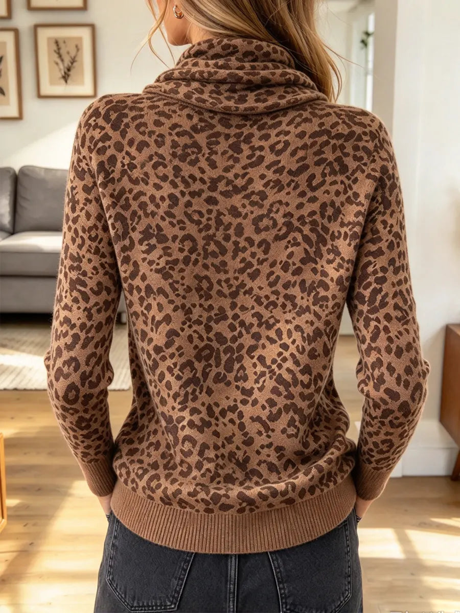 Vintage Leopard Pattern Cowl Neck Knitted Art Casual Stylish Long Sleeve Sweater