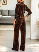 Vintage Elegant Velvet Leopard Print Rhinestone Zipper Long-sleeved Jumpsuit