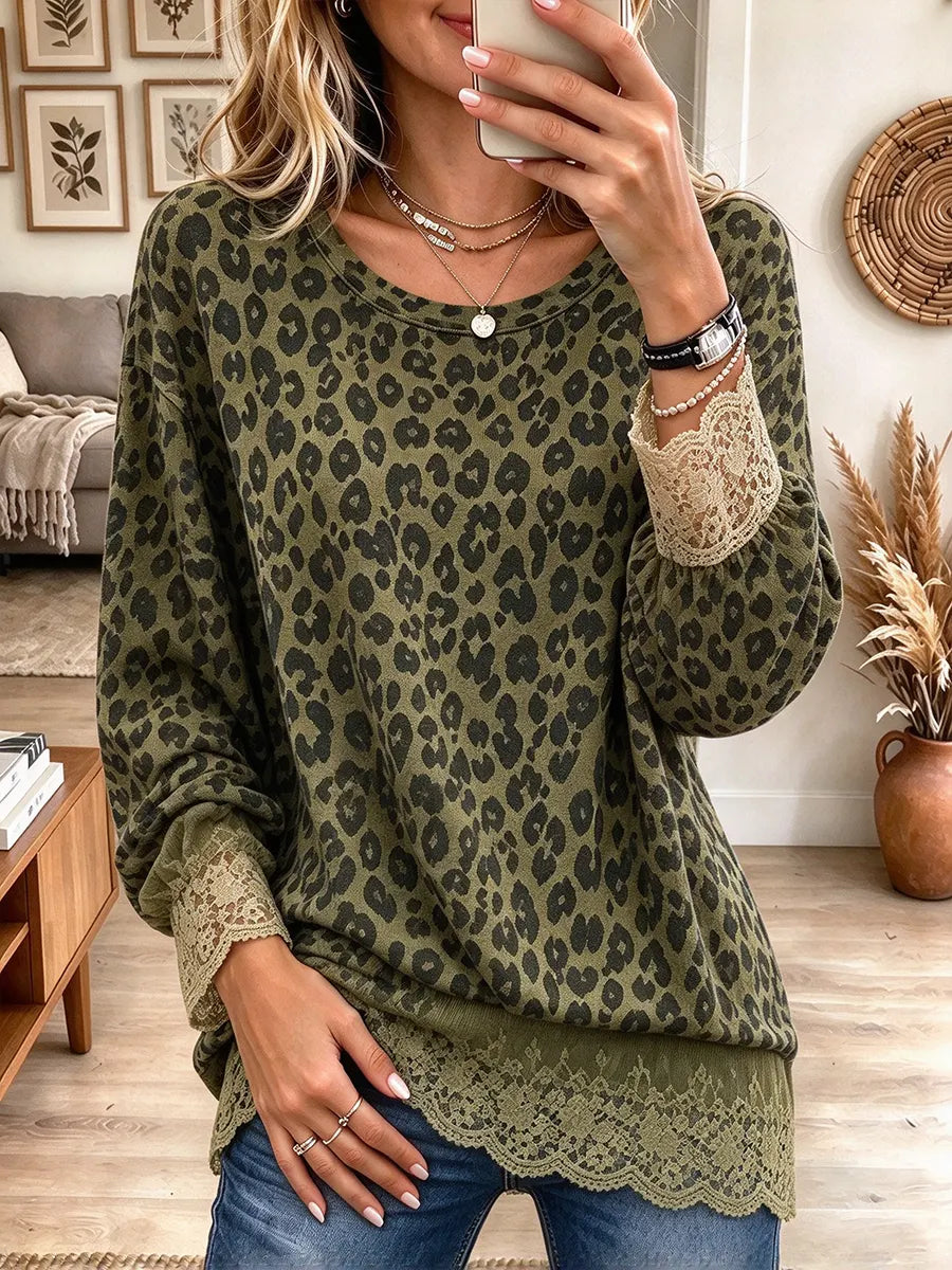 Women's Green Leopard Print Long-sleeve Crew-neck Top With Lace Panels