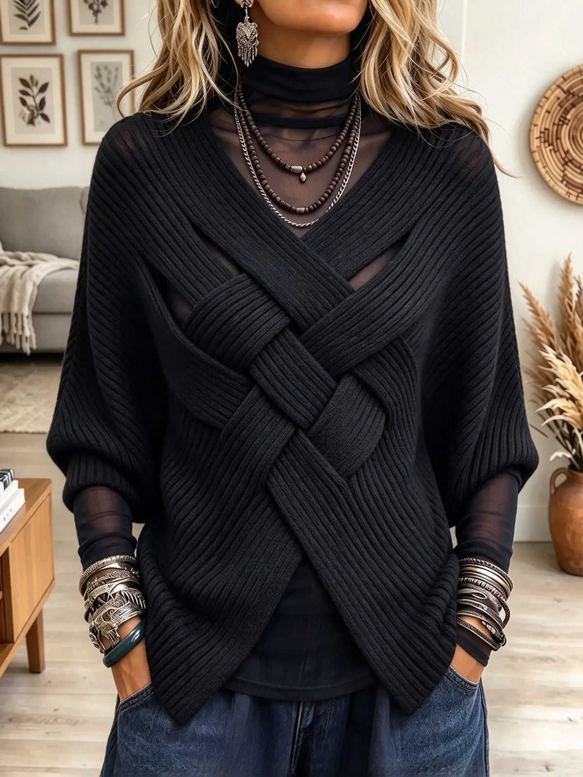 Women's Woven Lattice Cross-Front Ribbed Poncho