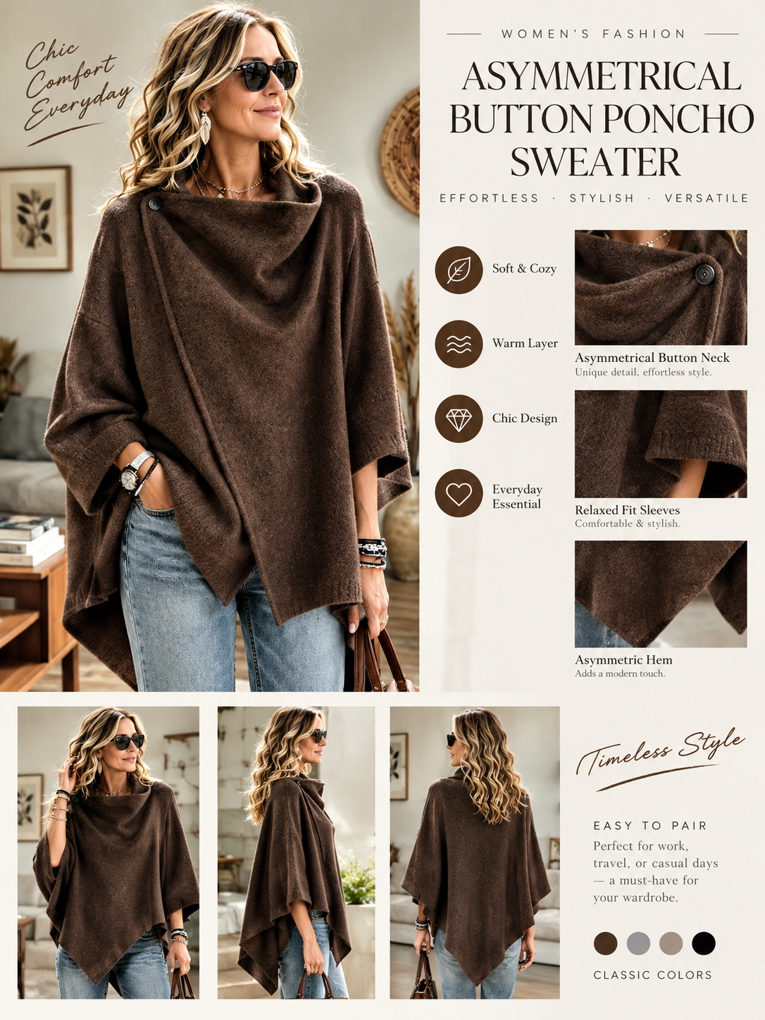 Women's Asymmetrical Button Wrap Collar Poncho