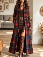 Women's Plaid Stand Collar Button Maxi Coa