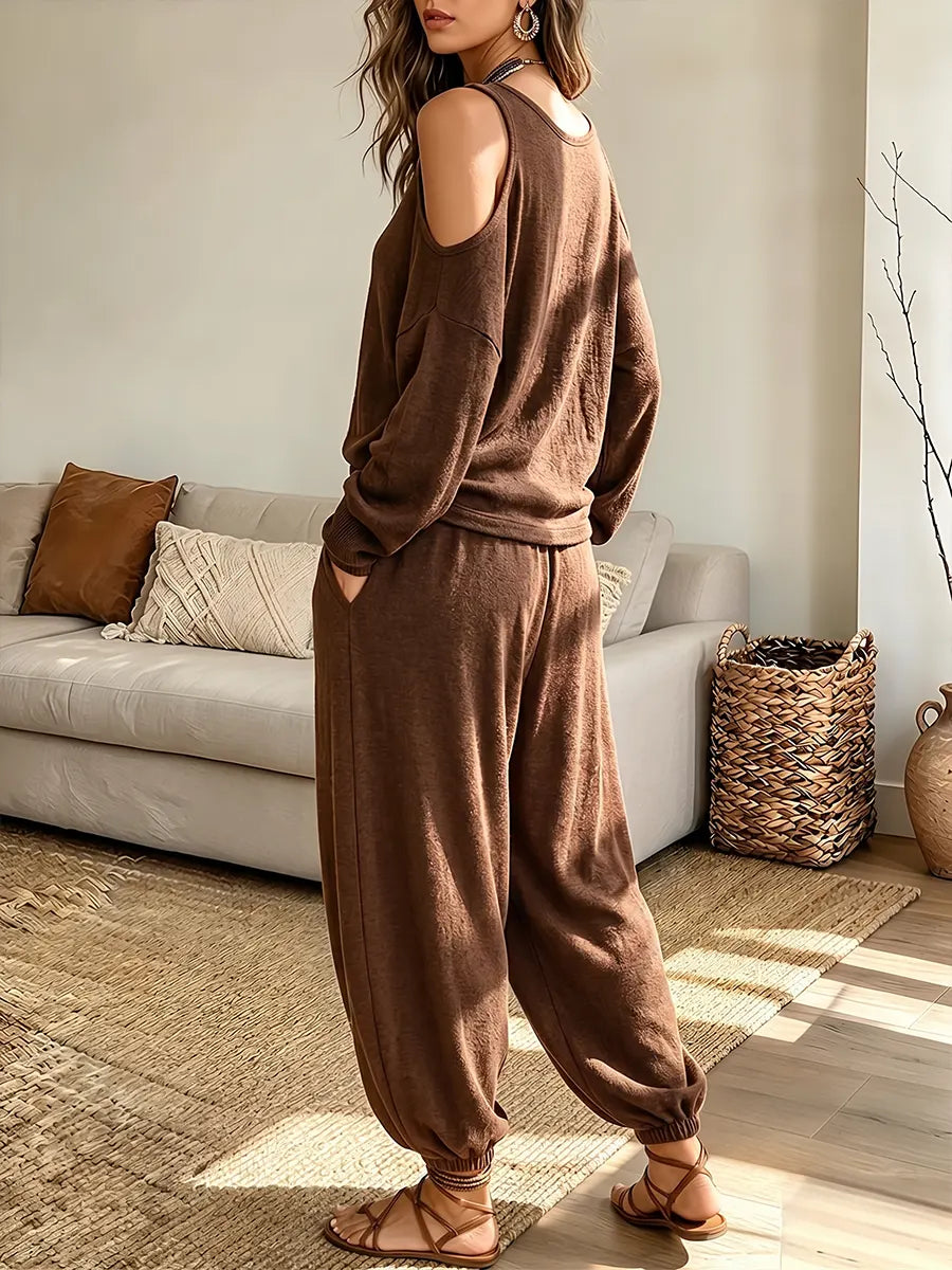 Vintage Elegant Cotton Blend Off-the-shoulder Top And Lantern Pants Two-piece Set