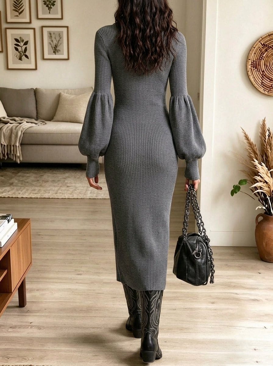 Grey Ribbed Knit Half Zip Lantern Sleeve Slit Midi Dress