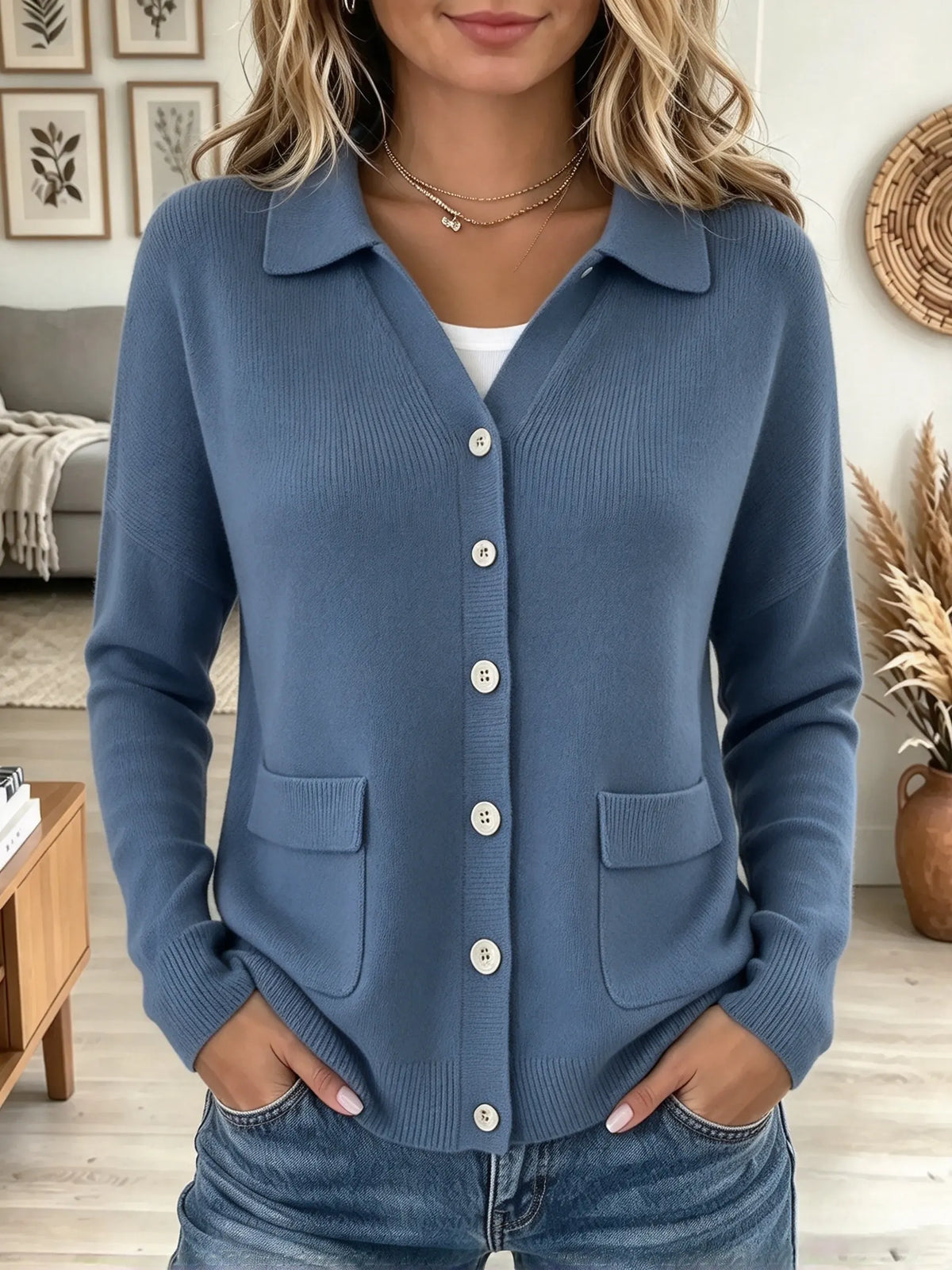 Women's Polo Collar Button-Front Knit Cardigan