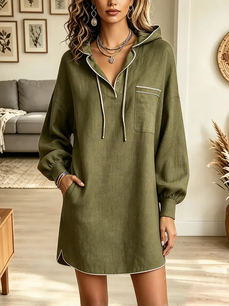 Vintage Elegant Cotton And Linen Contrasting Trim Hooded Dress