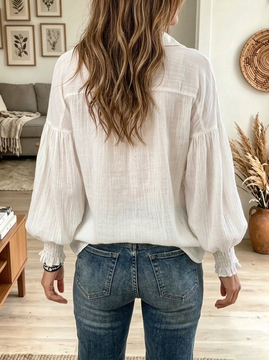 Women's Smocked Cuff Button-Down Peasant Blouse