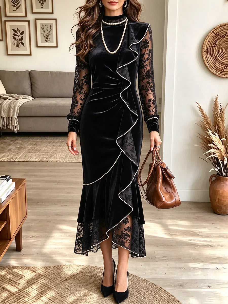 Women's Long Sleeve Lace Sleeve Rhinestone Ruffled Bodycon Dress