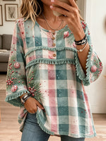 Women Christmas Plaid Fringe 3/4 Bell Sleeve Casual Blouse