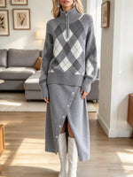 Vintage Plaid Pattern Art Casual Stylish Sweater And Knitted Skirt Two-piece Set