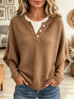 Women's Split Henley Button Layered Batwing Sweater