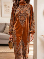 Retro Floral Pattern Art Print Casual Stylish Long Sleeve Velvet Dress