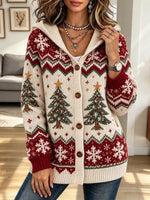 Retro Christmas Pattern Art Print Casual Stylish Long Sleeve Hooded Knit Coat