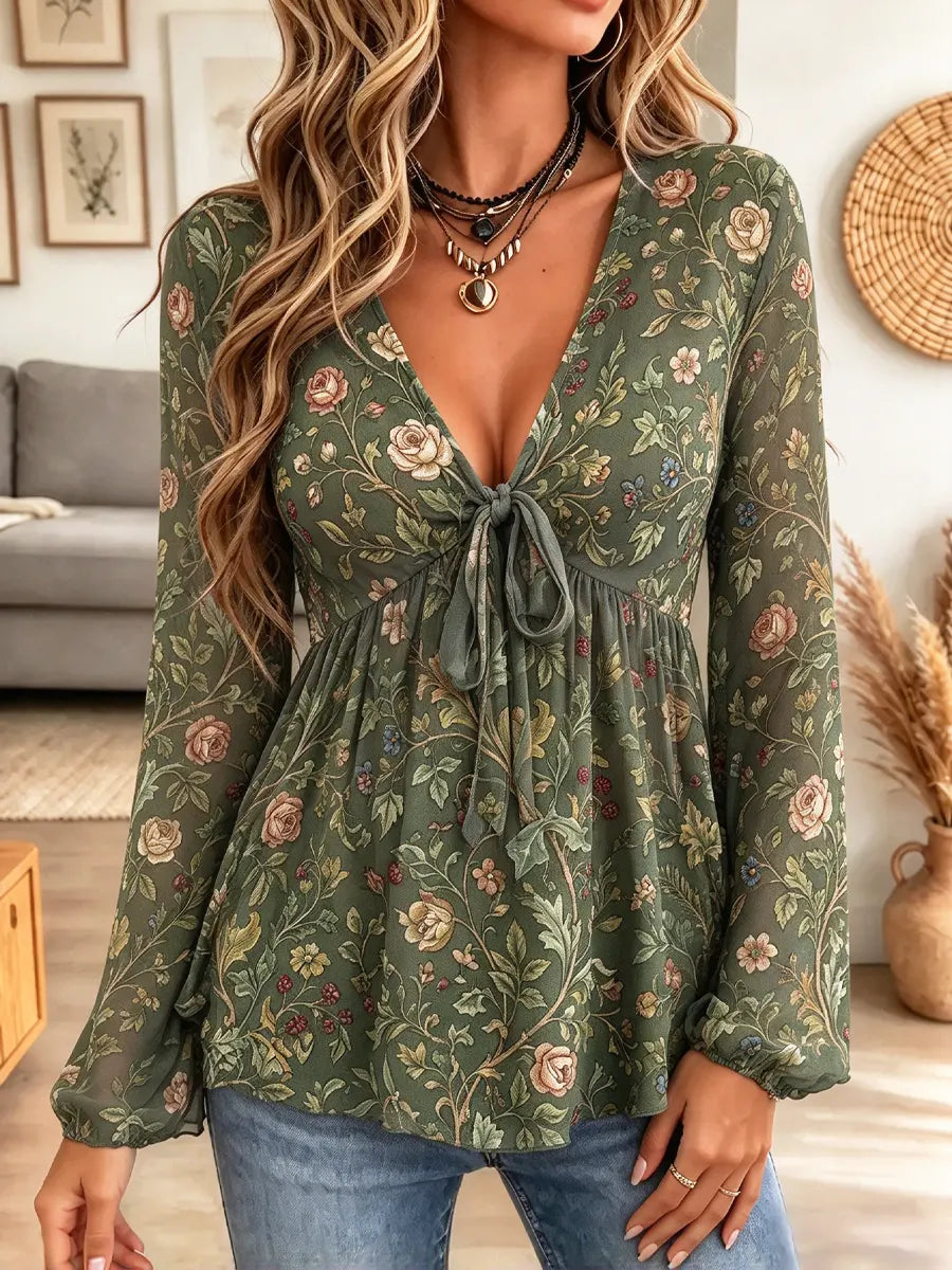 Retro Floral Pattern Art Print Casual Stylish Long Sleeve Mesh V Collar Shirt