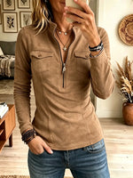 Women's Leather Patch Half-Zip Faux Suede Top