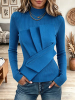 Women's Pleated Fold Mock Neck Ribbed Sweater