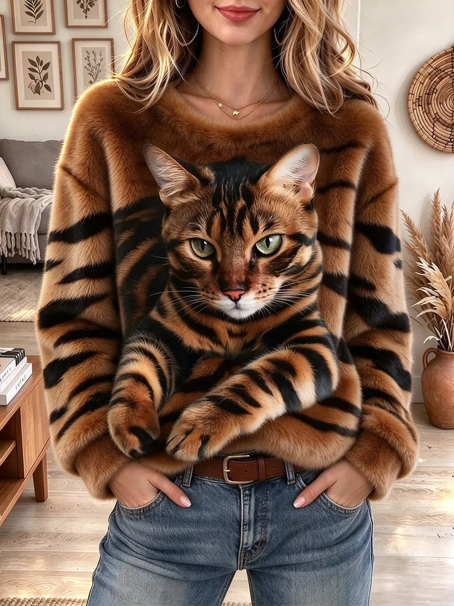 Women's 3d Realistic Cat Graphic Tiger Stripe Round Neck Sweater