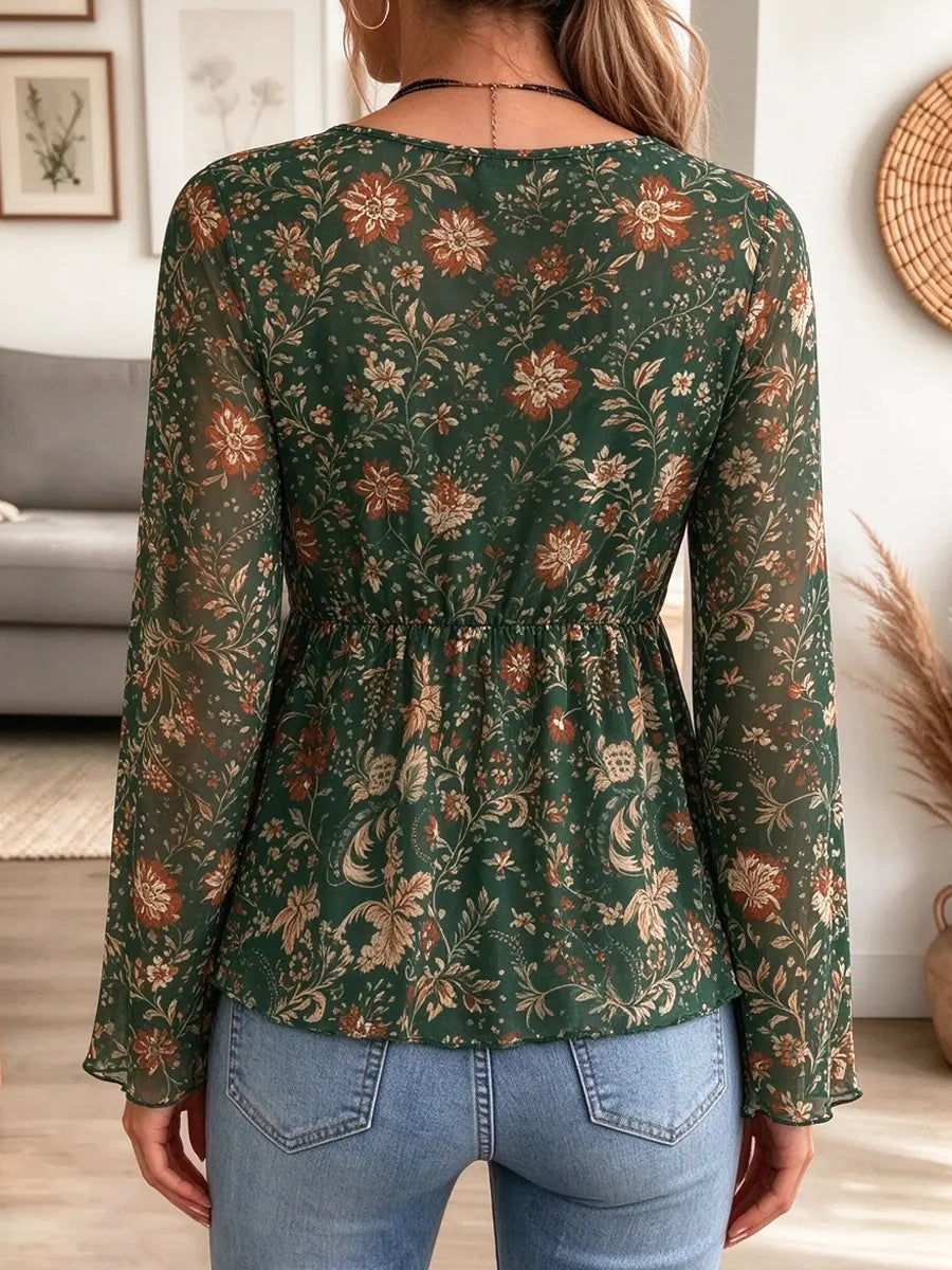Retro Floral Pattern Art Print Casual Stylish Long Sleeve Mesh V Collar Shirt