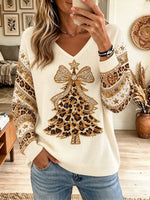 Women's Leopard Christmas Tree V-Neck Sweater