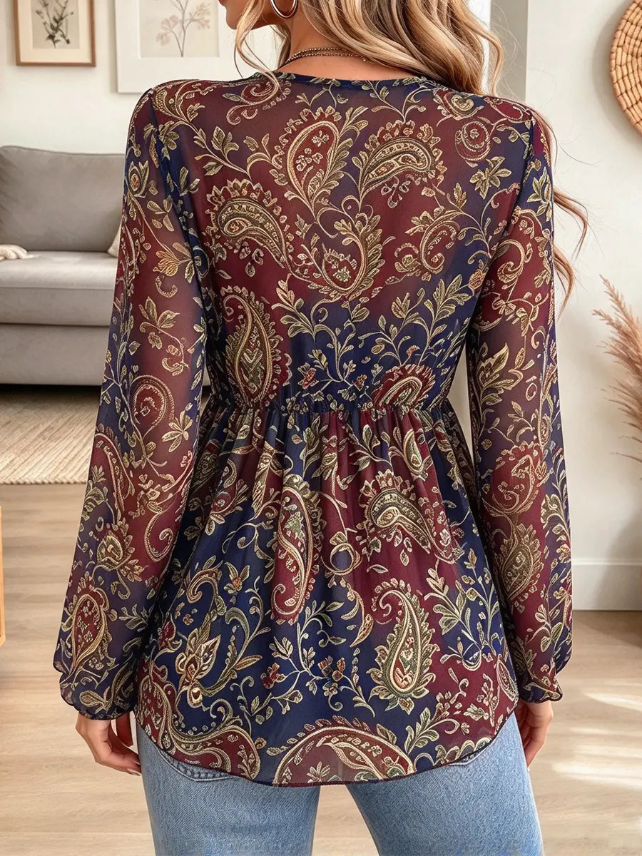 Retro Ethnic Floral Pattern Art Print Casual Stylish Long Sleeve Mesh V Collar Shirt