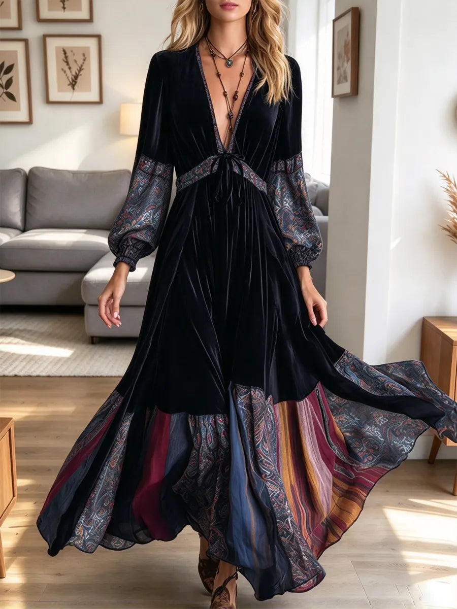 Vintage Floral Patchwork Art Casual Stylish Long Sleeve Maxi Dress
