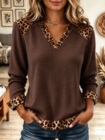 Women's Leopard Patchwork V-Neck Ribbed Knit Long Sleeve Casual Pullover Tops