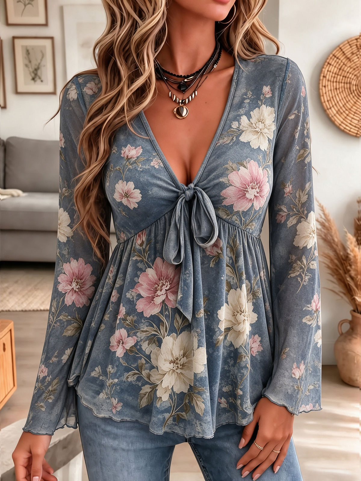 Women's Dusty Blue Floral Print Tie Front Long Sleeve Boho Blouse