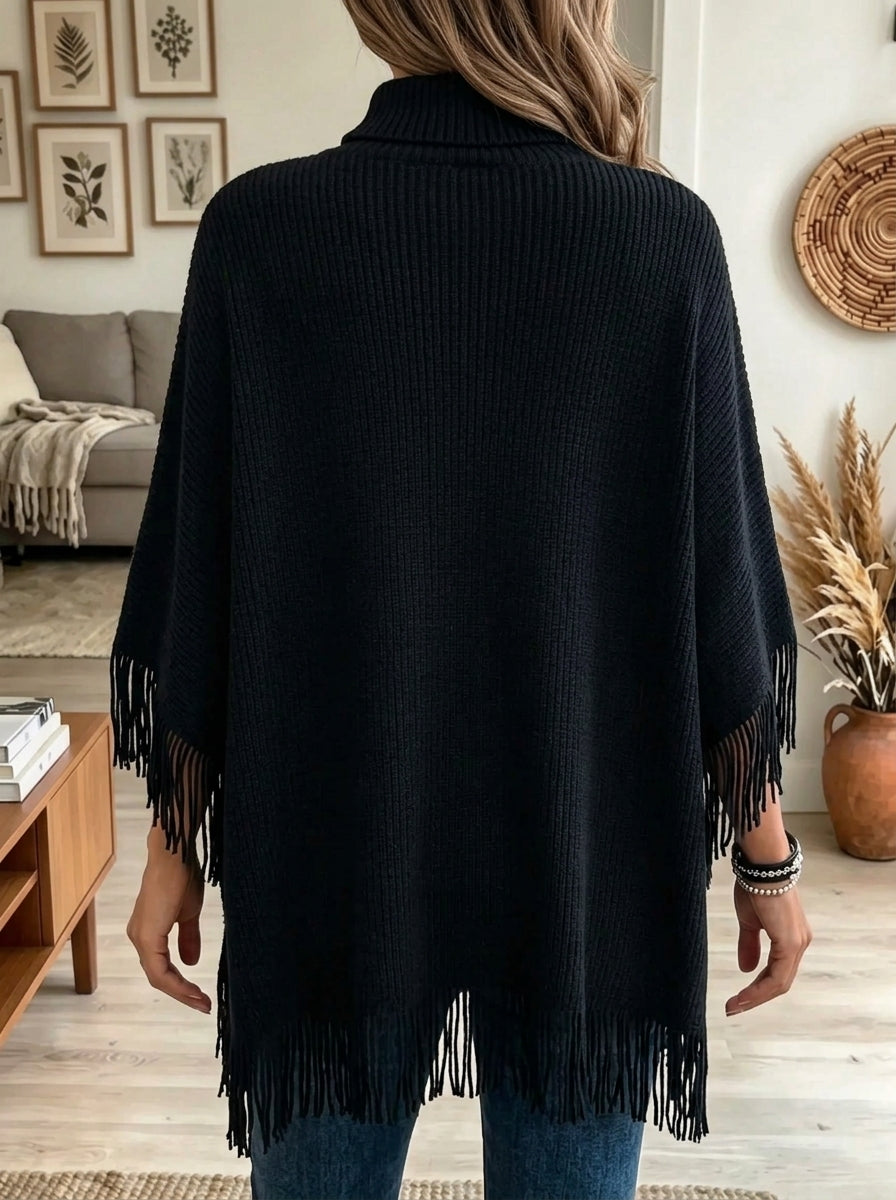 Women's Fringe Trim High Neck Knit Poncho Sweater