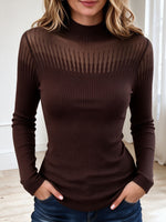 Mock Neck Sheer Mesh Panel Ribbed Knit Long Sleeve Top